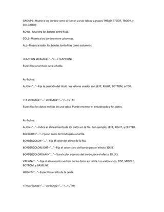 GROUPS--Muestra los bordes como si fueran varias tablas y grupos THEAD, TFOOT, TBODY, y
COLGROUP.

ROWS--Muestra los bordes entre filas.

COLS--Muestra los bordes entre columnas.

ALL--Muestra todos los bordes tanto filas como columnas.



<CAPTION atributo1="...">...< /CAPTION>

Especifica una titulo para la tabla.



Atributos:

ALIGN="..."--Fija la posición del titulo. los valores usados son:LEFT, RIGHT, BOTTOM, o TOP.



<TR atributo1="..." atributo2="...">...< /TR>

Especifica los datos en filas de una tabla. Puede encerrar el encabezado y los datos.



Atributos:

ALIGN="..."--Indica el alineamiento de los datos en la fila. Por ejemplo; LEFT, RIGHT, y CENTER.

BGCOLOR="..."--Fija un color de fondo para una fila.

BORDERCOLOR="..."--Fija el color del borde de la fila.

BORDERCOLORLIGHT="..."--Fija el color claro del borde para el efecto 3D.(IE)

BORDERCOLORDARK="..."--Fija el color obscuro del borde para el efecto 3D.(IE)

VALIGN="..."--Fija el alineaminto vertical de los datos en la fila. Los valores son; TOP, MIDDLE,
BOTTOM, y BASELINE.

HEIGHT="..."--Especifica el alto de la celda.



<TH atributo1="..." atributo2="...">...< /TH>
 