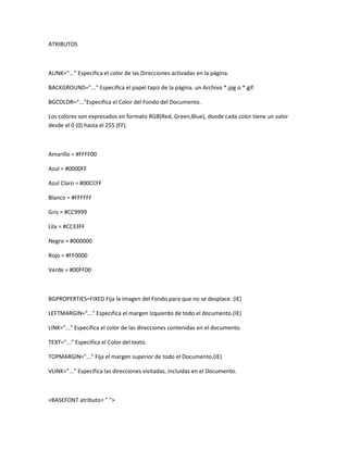 ATRIBUTOS



ALINK="..." Especifica el color de las Direcciones activadas en la página.

BACKGROUND="..." Especifica el papel tapiz de la página. un Archivo *.jpg o *.gif.

BGCOLOR="..."Especifica el Color del Fondo del Documento.

Los colores son expresados en formato RGB(Red, Green,Blue), donde cada color tiene un valor
desde el 0 (0) hasta el 255 (FF).



Amarillo = #FFFF00

Azul = #0000FF

Azul Claro = #00CCFF

Blanco = #FFFFFF

Gris = #CC9999

Lila = #CC33FF

Negro = #000000

Rojo = #FF0000

Verde = #00FF00



BGPROPERTIES=FIXED Fija la imagen del Fondo para que no se desplace. (IE)

LEFTMARGIN="..." Especifica el margen Izquierdo de todo el documento.(IE)

LINK="..." Especifica el color de las direcciones contenidas en el documento.

TEXT="..." Especifica el Color del texto.

TOPMARGIN="..." Fija el margen superior de todo el Documento.(IE)

VLINK="..." Especifica las direcciones visitadas, incluidas en el Documento.



<BASEFONT atributo= " ">
 