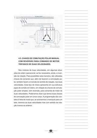 ...............................................
...............................................
...............................................
...............................................
...............................................
...............................................
...............................................
...............................................
...............................................
...............................................
...............................................
...............................................
...............................................
...............................................
...............................................
...............................................
4.5. CHAVES DE COMUTAÇÃO POLAR MANUAL
COM REVERSÃO PARA COMANDO DE MOTOR
TRIFÁSICO DE DUAS VELOCIDADES.

...............................................
...............................................
...............................................
...............................................

Nos motores de duas velocidades, em algumas situações de ordem operacional, se faz necessário, ainda, a inversão da rotação. Para possibilitar esta manobra, são utilizadas
chaves de comando que, além de fazerem a comutação polar, também fazem a inversão do sentido de rotação, nas duas
velocidades. Esse tipo de chave apresenta em sua estrutura
jogos de contato em dobro, em relação às chaves de comutação polar simples, sem reversão, para comando de motor de
duas velocidades. Poderíamos dizer que temos duas chaves
de comutação polar em único corpo. A programação dos contatos é feita de modo que, se acionarmos o manípulo para um
lado, teremos as duas velocidades mas com sentido de rota-

...............................................
...............................................
...............................................
...............................................
...............................................
...............................................
...............................................
...............................................
...............................................
...............................................
...............................................
...............................................
...............................................

ção inverso ao anterior.

...............................................
...............................................
...............................................
...............................................
...............................................
...............................................
...............................................
...............................................
33
SENAI-PR

 