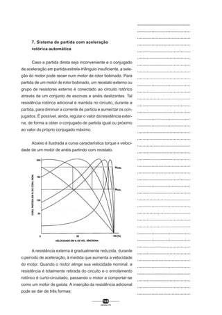 7. Sistema de partida com aceleração
rotórica automática
Caso a partida direta seja inconveniente e o conjugado
de aceleração em partida estrela-triângulo insuficiente, a seleção do motor pode recair num motor de rotor bobinado. Para
partida de um motor de rotor bobinado, um reostato externo ou
grupo de resistores externo é conectado ao circuito rotórico
através de um conjunto de escovas e anéis deslizantes. Tal
resistência rotórica adicional é mantida no circuito, durante a
partida, para diminuir a corrente de partida e aumentar os conjugados. É possível, ainda, regular o valor da resistência externa, de forma a obter o conjugado de partida igual ou próximo
ao valor do próprio conjugado máximo.
Abaixo é ilustrada a curva característica torque x velocidade de um motor de anéis partindo com reostato.

A resistência externa é gradualmente reduzida, durante
o período de aceleração, à medida que aumenta a velocidade
do motor. Quando o motor atinge sua velocidade nominal, a
resistência é totalmente retirada do circuito e o enrolamento
rotórico é curto-circuitado, passando o motor a comportar-se
como um motor de gaiola. A inserção da resistência adicional
pode se dar de três formas:
146
SENAI-PR

..................................................
........................................
........................................
........................................
.......................................
.......................................
.......................................
.......................................
.......................................
........................................
.......................................
......................................
.......................................
.......................................
........................................
........................................
.......................................
.......................................
......................................
.......................................
.......................................
........................................
........................................
.......................................
........................................
.......................................
......................................
........................................
......................................
.......................................
......................................
........................................
........................................
.......................................
.......................................
........................................
........................................
.........................................
.......................................
.......................................
........................................

 