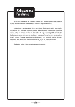 9. Faça os diagramas de força e comando para partida direta consecutiva de
quatro motores trifásicos, de forma que atenda à seqüência abaixo:
Inicialmente é dada a partida em m1, através de botão de comando. Dez segundos depois, m2 é acionado automaticamente. Após decorrido 15 segundos da partida
de m2, entra em funcionamento m3. Passados 20 segundos da partida através de
botão de comando, ocorre uma reação em cadeia de forma também consecutiva,
porém inversa, ou seja, desliga-se inicialmente m4, e, a partir daí, de dez em dez
segundos, são desligados automaticamente m3, m2 e m1, respectivamente.
Sugestão: utilizar relés temporizados pneumáticos.

158
SENAI-PR

 