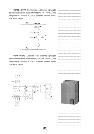 GSP00 e GSP0 - Destinam-se ao comando e proteção
de motores trifásicos de até 11kW(15CV) em 440V(CA), nas
categorias de utilização AC2/AC3, podendo, também, manobrar outras cargas.

GSP1 e GSP2 - Destinam-se ao comando e proteção
de motores trifásicos de até 15kW(20CV) em 440V(CA), nas
categorias de utilização AC2/AC3, podendo, também, manobrar outras cargas.

122
SENAI-PR

..................................................
........................................
........................................
........................................
.......................................
.......................................
.......................................
.......................................
.......................................
........................................
.......................................
......................................
.......................................
.......................................
........................................
........................................
.......................................
.......................................
......................................
.......................................
.......................................
........................................
........................................
.......................................
........................................
.......................................
......................................
........................................
......................................
.......................................
......................................
........................................
........................................
.......................................
.......................................
........................................
........................................
.........................................
.......................................
.......................................
........................................

 