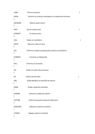 |FIND       |Procura arquivos                                                 |

|WHO         |Informa os usuários conectados e os respectivos terminais
|

|WHOAMI         |Mostra quem você é
|

|EXIT       |Sai da sessão atual                                          |

|LOGOUT        | A mesma coisa...
|

|CAL        |Exibe um calendário                                              |

|DATE        |Retorna a data e a hora
|

|DU         |Informa o espaço ocupado pelos arquivos ou diretórios
|

|FORMAT        | Formata um floppy disk
|

|KILL      |Termina um processo
|

|PS        |Exibe um status dos processos
|

|VI        |Editor de tela cheia                                          |

|WC         |Exibe detalhes no tamanho do arquivo
|

|MAN         |Exibe a ajuda de comandos
|

|UNAME         |Informa os dados do sistema
|

|UPTIME       |Informa há quanto tempo foi dado boot
|

|ADDUSER        |Adiciona usuários ao sistema
|

|USEDEL       |Apaga usuários no sistema
|
 
