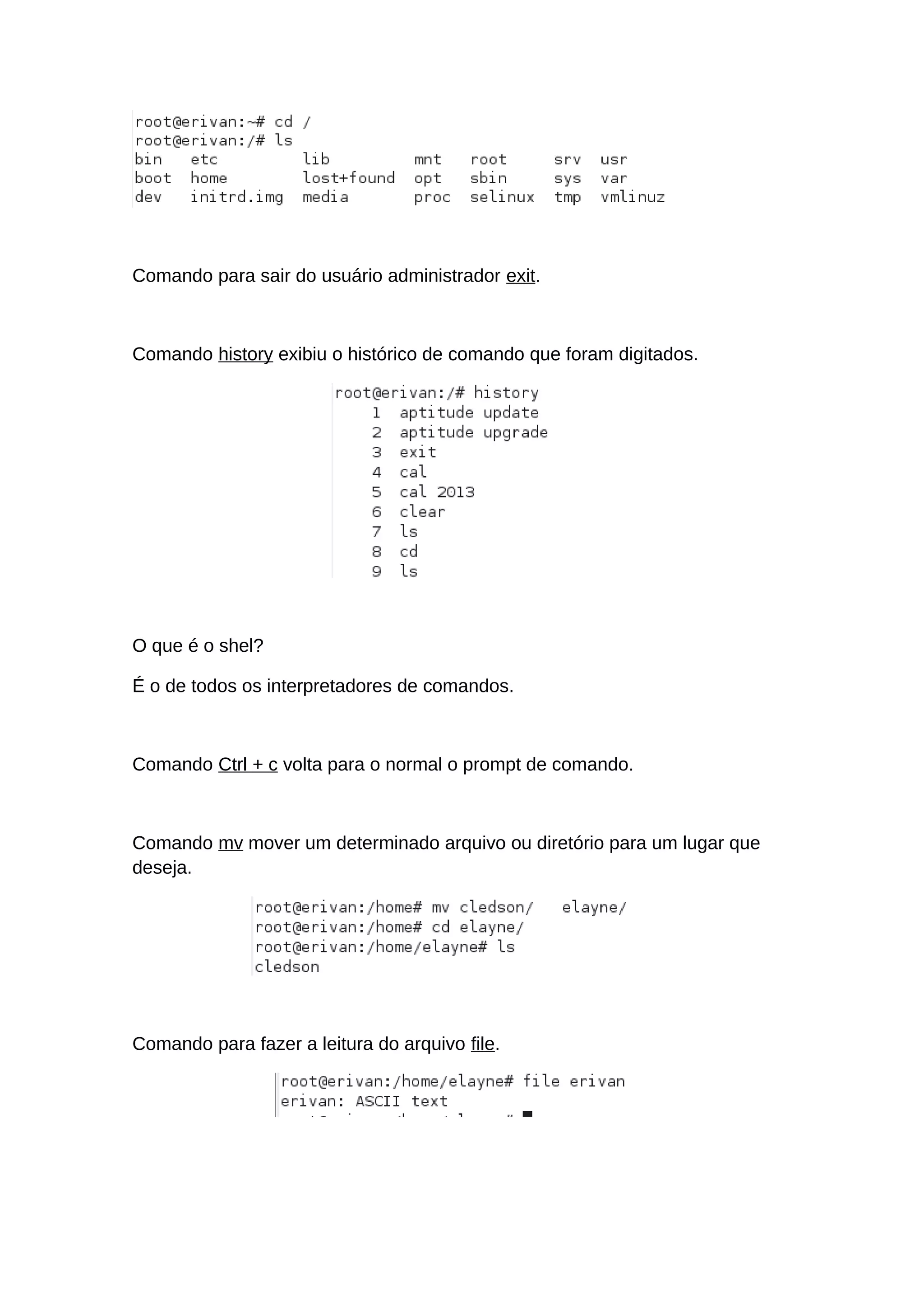 Comando para sair do usuário administrador exit.
Comando history exibiu o histórico de comando que foram digitados.
O que é o shel?
É o de todos os interpretadores de comandos.
Comando Ctrl + c volta para o normal o prompt de comando.
Comando mv mover um determinado arquivo ou diretório para um lugar que
deseja.
Comando para fazer a leitura do arquivo file.
 