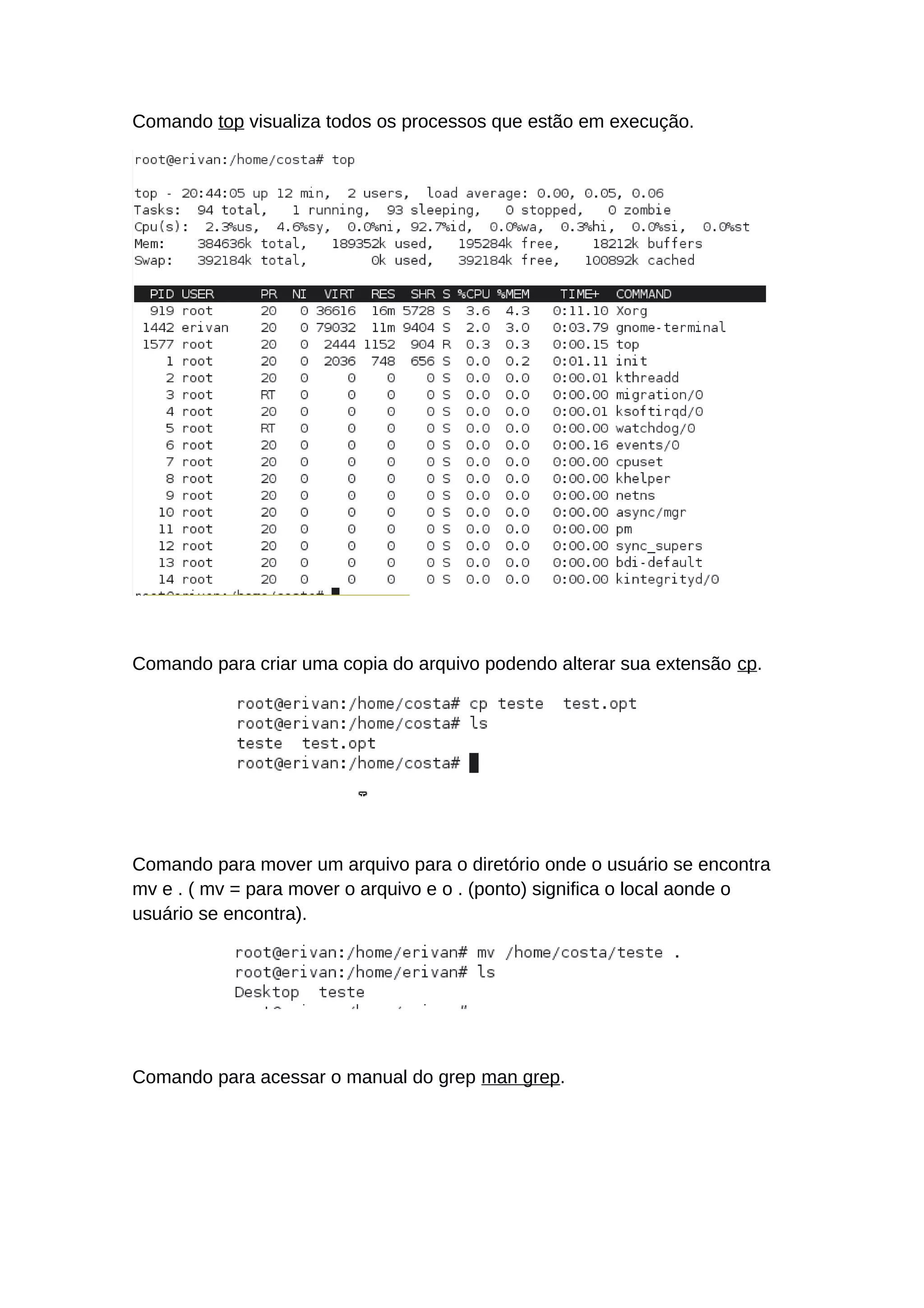 Comando top visualiza todos os processos que estão em execução.
Comando para criar uma copia do arquivo podendo alterar sua extensão cp.
Comando para mover um arquivo para o diretório onde o usuário se encontra
mv e . ( mv = para mover o arquivo e o . (ponto) significa o local aonde o
usuário se encontra).
Comando para acessar o manual do grep man grep.
 