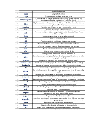 directorios vacios.
33 clear Limpia la terminal.
34 cmp Compara dos archivos byte por byte.
35 convertquota
Convierte de los viejos formatos quota.user y quota.group a los
nuevos formatos de aquota.user y aquota.group.
36 cpio
Copia, crea, comprime y extrae archivos en distintos formatos y entre
equipos o localmente.
37 crontab Administra archivos cron para los usuarios y root.
38 curl Permite descargar o transferir url's.
39 cut
Remueve secciones (columnas principalmente) de cada línea de un
archivo o archivos.
40 date Muestra/establece la fecha y hora actual.
41 dc Calculadora interactiva.
42 dd Convierte y copia archivos y sistemas de archivos.
43 ddate Muestra la fecha en formato del calendario Discordante.
44 df Muestra el uso de espacio de discos duros o particiones.
45 diff Busca y muestra diferencias entre archivos.
46 dig Utilería para consultas a servidores DNS.
47 dircolors Configuración de colores para el comando ls.
48 dirs
Permite mostrar, manipular la lista de directorios utilizados en la pila.
(ver popd y pushd)
49 dmesg Muestra los mensajes del arranque del sistema (boot).
50 dmidecode Lista hardware del equipo directamente del BIOS. (también: lshw)
51 dos2unix Convierte archivos de formato MS-DOS a formato Unix/Linux.
52 du Muestra el uso de espacio de archivos y directorios.
53 dump
Permite la creación de respaldos para los sistemas de archivos ext2 y
ext3.
54 echo Imprime una línea de texto, variables, o contenido a un archivo.
55 edquota Administra el control de cuotas de disco de usuario y grupos.
56 egrep Es igual que el comando 'grep -E', para uso de expresiones regulares.
57 eject Desmonta y expulsa un medio removible, como cdroms.
58 env Ejecuta un programa en un entorno modificado.
59 ethtool Permite desplegar o cambiar valores de una tarjeta de red.
60 exit Sale del shell o terminal actual.
61 expect
Permite crear secuencias de diálogos y programar sesiones
interactivas con otros comandos o scripts.
62 export Exporta el valor de una variable.
63 exportfs
Mantiene una lista de sistemas de archivos del tipo NFS que han sido
exportados.
64 expr Evaluador de expresiones matemáticas.
65 factor Encuentra los números primos de un número dado.
66 fc Lista, edita y reejecuta comandos previamente ejecutados.
 