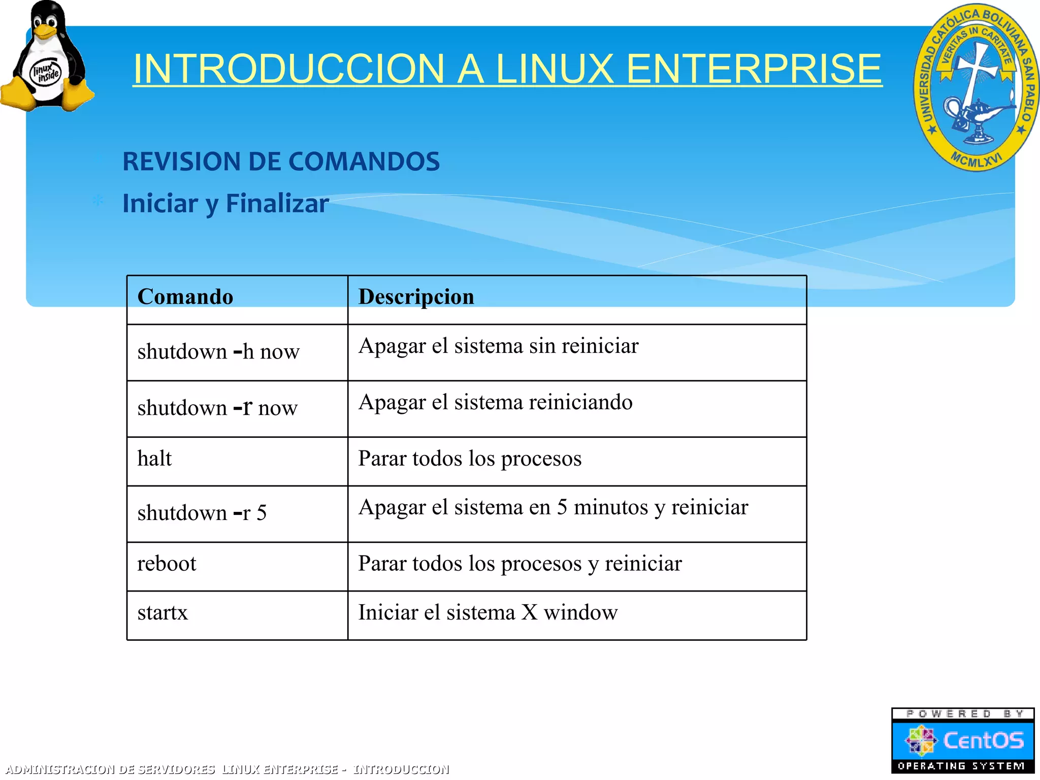 INTRODUCCION A LINUX ENTERPRISE

           ∗ REVISION DE COMANDOS
           ∗ Iniciar y Finalizar


                 Comando                       Descripcion

                 shutdown -h now               Apagar el sistema sin reiniciar

                 shutdown -r now               Apagar el sistema reiniciando

                 halt                          Parar todos los procesos

                 shutdown -r 5                 Apagar el sistema en 5 minutos y reiniciar

                 reboot                        Parar todos los procesos y reiniciar

                 startx                        Iniciar el sistema X window




ADMINISTRACION DE SERVIDORES LINUX ENTERPRISE - INTRODUCCION
 