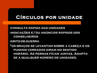 Círculos por unidade
-consulta rápida das unidades
-indicações e/ou anúncios rápidos dos
conselheiros
-grito-de-guerra
*os braços se levantam sobre a cabeça e os
punhos cerrados giram no sentido
horário. As pernas ficam juntas. Adapta-
se a qualquer número de unidades.
 