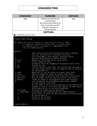 4
COMANDO FUNCIÓN SINTAXIS
ping Muestra las variantes del
comando ping
Nos informa del estado de un
host, es necesario permitir
paquetes icmp para su
funcionamiento
ping
CAPTURA
COMANDO PING
 