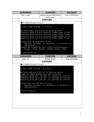 7
COMANDO FUNCIÓN SINTAXIS
Ping –n valor Número de solicitudes de eco
para enviar.
Ping –n (valor) (ip)
CAPTURA
COMANDO FUNCIÓN SINTAXIS
Ping –i ttl Período de vida. Ping –i (valor)(ip)
CAPTURA
 