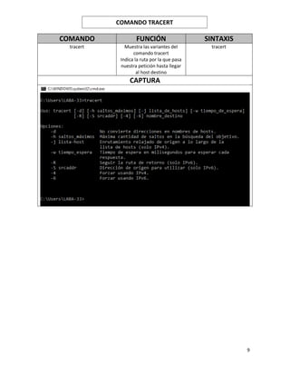 9
COMANDO FUNCIÓN SINTAXIS
tracert Muestra las variantes del
comando tracert
Indica la ruta por la que pasa
nuestra petición hasta llegar
al host destino
tracert
CAPTURA
COMANDO TRACERT
 