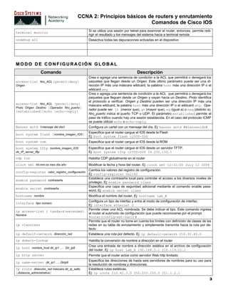 CCNA 2: Principios básicos de routers y enrutamiento
                                                                     Comandos de Cisco IOS
                                               Si se utiliza una sesión por telnet para examinar el router, entonces, permite redi-
terminal monitor
                                               rigir el resultado y los mensajes del sistema hacia a terminal remota
undebug all                                    Desactiva todas las depuraciones activadas en el dispositivo




MODO DE CONFIGURACIÓN GLOBAL
                     Comando                                                    Descripción
                                               Crea o agrega una sentencia de condición a la ACL que permitirá o denegará los
access-list Nro_ACL {permit|deny}              paquetes que llegan desde un Origen. Este último parámetro puede ser una di-
Origen                                         rección IP más una máscara wildcard, la palabra host más una dirección IP o el
                                               wildcard any
                                               Crea o agrega una sentencia de condición a la ACL que permitirá o denegará los
                                               paquetes que lleguen desde un Origen y vayan hacia un Destino. Proto identifica
                                               el protocolo a verificar. Origen y Destino pueden ser una dirección IP más una
access-list Nro_ACL {permit|deny}              máscara wildcard, la palabra host más una dirección IP o el wildcard any. Ope-
Proto Origen Destino [Operador Nro_puerto]
                                               rador puede ser lt (menor que), gt (mayor que), eq (igual a) o neq (distinto a).
[established][echo |echo-reply]
                                               Nro_puerto indica el puerto TCP o UDP. El parámetro established permite el
                                               paso de tráfico cuando hay una sesión establecida. En el caso del protocolo ICMP
                                               se puede utilizar echo o echo-reply.
Banner motd #mensaje del día#                  Configura un cartel con un mensaje del día. Ej: banner motd #Bienvenido#
                                               Especifica que el router cargue el IOS desde la Flash
boot system flash [nombre_imagen_IOS]
                                               Ej: boot system flash c2500-IOS
boot system rom                                Especifica que el router cargue el IOS desde la ROM
boot system tftp nombre_imagen_IOS             Especifica que el router cargue el IOS desde un servidor TFTP.
dir_IP_server_tftp                             Ej: boot system tftp c2500-IOS 24.232.150.1
cdp run                                        Habilita CDP globalmente en el router
clock set hh:mm:ss mes día año                 Modificar la fecha y hora del router. Ej: clock set 12:31:00 July 12 2004
                                               Cambia los valores del registro de configuración.
config-register valor_registro_configuración
                                               Ej: config-register 0x2142
                                               Establece una contraseña local para controlar el acceso a los diversos niveles de
enable password contraseña
                                               privilegio. Ej: enable password class
                                               Especifica una capa de seguridad adicional mediante el comando enable pass-
enable secret contraseña
                                               word. Ej: enable secret class
hostname nombre                                Modifica el nombre del router. Ej: hostname Lab_A
                                               Configura un tipo de interfaz y entra al modo de configuración de interfaz.
interface tipo número
                                               Ej: interface ethernet 0
                                               Permite crear una ACL nombrada. Se debe indicar el tipo. Este comando ingresa
ip access-list { tandard|extended}
                                               al router al submodo de configuración que puede reconocerse por el prompt
Nombre
                                               Router(config-ext-nacl)#
                                               Permite que el router no tome en cuenta los límites con definición de clases de las
ip classless                                   redes en su tabla de enrutamiento y simplemente transmita hacia la ruta por de-
                                               fecto
ip default-network dirección_red               Establece una ruta por defecto. Ej: ip default-network 210.32.45.0
ip domain-lookup                               Habilita la conversión de nombre a dirección en el router
                                               Crea una entrada de nombre a dirección estática en el archivo de configuración
ip host nombre_host dir_ip1 …. Dir_ip8
                                               del router. Ej: ip host Lab_A 192.168.5.1 210.110.11.1
ip http server                                 Permite que el router actúe como servidor Web http limitado
                                               Especifica las direcciones de hasta seis servidores de nombres para su uso para
ip name-server dir_ip1 …. Dirip6
                                               la resolución de nombres y direcciones.
Ip route dirección_red máscara dir_ip_salto    Establece rutas estáticas.
[distancia_administrativa]                     Ej: ip route 210.42.3.0 255.255.255.0 211.1.2.1
                                                                                                                                 3
 