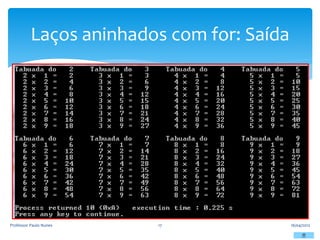 Laços aninhados com for: Saída
16/04/2012
Professor Paulo Nunes 17
 