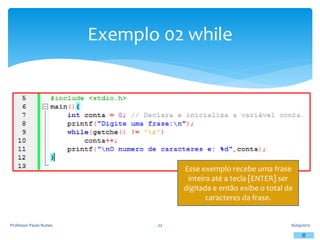Exemplo 02 while
16/04/2012
Professor Paulo Nunes 22
Esse exemplo recebe uma frase
inteira até a tecla [ENTER] ser
digitada e então exibe o total de
caracteres da frase.
 