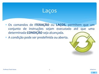  Os comandos de ITERAÇÃO ou LAÇOS, permitem que um
conjunto de instruções sejam executado até que uma
determinada CONDIÇÃO seja alcançada.
 A condição pode ser predefinida ou aberta.
16/04/2012
Professor Paulo Nunes 5
Laços
 