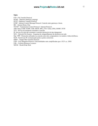 www.ProjetodeRedes.kit.net 12
Siglas
FTP - File Transfer Protocol
HTML - Hipertext Markup Language
HTTP - Hipertext Transfer Protocol
ICMP - Internet Control Message Protocol. Controle entre gateways e hosts.
IRC - Internet Relay Chat
TCP-IP - Transmission Control Protocol / Internet Protocol.
ARP, Rarp, ICMP, IGMP, UDP, SMTP, RPC, FTP, Telnet, DNS, SNMP, TFTP.
TCP - Serviço de transporte orientado à conexão
IP- Serviço de rede não orientado à conexão (protocolo do tipo datagrama)
NFS – Network File System – Esquema de compartilhameto de diretórios em rede.
Slip / PPP - Protocolos utilizados na conexão entre dois computadores via modem e linha telefônica.
SLIP - Serial Line IP. Comunicação ponto a ponto assíncrono.
SMPT – Simple Mail Transfer Protocol.
UDP - User Datagram Protocol. Funcionalidades mais simplificadas que o TCP. ex.: DNS
URL - Uniform Resource Locators
WWW - World Wide Web
 