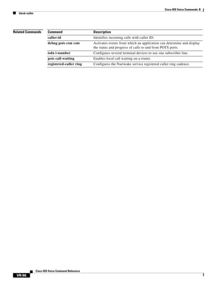 Cisco IOS Voice Commands: B
block-caller

Related Commands

Command

Description

caller-id

Identifies incoming calls with caller ID.

debug pots csm csm

Activates events from which an application can determine and display
the status and progress of calls to and from POTS ports.

isdn i-number

Configures several terminal devices to use one subscriber line.

pots call-waiting

Enables local call waiting on a router.

registered-caller ring

Configures the Nariwake service registered caller ring cadence.

Cisco IOS Voice Command Reference

VR-96

 