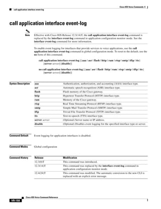Cisco IOS Voice Commands: C
call application interface event-log

call application interface event-log
Note

Effective with Cisco IOS Release 12.3(14)T, the call application interface event-log command is
replaced by the interface event-log command in application configuration monitor mode. See the
interface event-log command for more information.
To enable event logging for interfaces that provide services to voice applications, use the call
application interface event-log command in global configuration mode. To reset to the default, use the
no form of this command.
call application interface event-log [{aaa | asr | flash | http | ram | rtsp | smtp | tftp | tts}
[server server] [disable]]
no call application interface event-log [{aaa | asr | flash | http | ram | rtsp | smtp | tftp | tts}
[server server] [disable]]

Syntax Description

aaa

Authentication, authorization, and accounting (AAA) interface type.

asr

Automatic speech recognition (ASR) interface type.

flash

Flash memory of the Cisco gateway.

http

Hypertext Transfer Protocol (HTTP) interface type.

ram

Memory of the Cisco gateway.

rtsp

Real Time Streaming Protocol (RTSP) interface type.

smtp

Simple Mail Transfer Protocol (SMTP) interface type.

tftp

Trivial File Transfer Protocol (TFTP) interface type.

tts

Text-to-speech (TTS) interface type.

server server

(Optional) Server name or IP address.

disable

(Optional) Disables event logging for the specified interface type or server.

Command Default

Event logging for application interfaces is disabled.

Command Modes

Global configuration

Command History

Release

Modification

12.3(8)T

This command was introduced.

12.3(14)T

This command was replaced by the interface event-log command in
application configuration monitor mode.

12.4(24)T

This command was modified. The automatic conversion to the new CLI is
replaced with an explicit error message.

Cisco IOS Voice Command Reference

VR-158

 