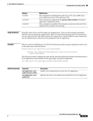 Cisco IOS Voice Commands: C
call application voice authen-method

Release

Modification

12.2(8)T

This command was implemented on the Cisco 1751, Cisco 2600 series,
Cisco 3600 series, Cisco 3725, and Cisco 3745.

12.3(14)T

This command was replaced by the param authen-method command in
application configuration mode.

12.4(24)T

This command was modified. The automatic conversion to the new CLI is
replaced with an explicit error message.

Usage Guidelines

Normally, when AAA is used for simple user authentication, AAA uses the username information
defined in the user profile for authentication. With T.37 store-and-forward fax and T.38 real-time fax,
you can specify that the ANI, DNIS, gateway ID, redialer ID, or redialer DNIS be used to identify the
user for authentication or that the user be prompted for the Tcl application.

Examples

Effective with Cisco IOS Release 12.4(24)T, the following warning message is displayed to direct users
to the replacement command options:
Router(config)# call application voice authen-method
Warning: This command has been deprecated. Please use the following:
param authen-method

The following example configures the router-specific name derived from the hostname and domain name as
he Tcl application account identifier for the app_sample_onramp9 Tcl application:
call application voice app_sample_onramp9 authen-method gateway

Related Commands

Command

Description

call application voice
authentication enable

Enables AAA authentication services for a Tcl application.

call application voice
authen-list

Specifies the name of an authentication method list for a Tcl application.

Cisco IOS Voice Command Reference

VR-195

 