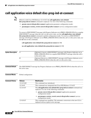 Cisco IOS Voice Commands: C
call application voice default disc-prog-ind-at-connect

call application voice default disc-prog-ind-at-connect
Note

Effective with Cisco IOS Release 12.3(14)T, the call application voice default
disc-prog-ind-at-connect command is replaced. Use one of the following commands:
•

param convert-discpi-after-connect (application parameter configuration mode)

•

paramspace session_xwork convert-discpi-after-connect (service configuration mode)

To convert a DISCONNECT message with Progress Indicator set to PROG_INBAND (PI=8) to a regular
DISCONNECT message when the call is in the active state, use the call application voice default
disc-prog-ind-at-connect command in global configuration mode. To revert to a DISCONNECT
message with Progress Indicator set to PROG_INBAND (PI=8) when the call is in the active state, use
the no form of this command.
call application voice default disc-prog-ind-at-connect [1 | 0]
no call application voice default disc-prog-ind-at-connect [1 | 0]

Syntax Description

1

(Optional) Convert a DISCONNECT message with Progress Indicator set to
PROG_INBAND (PI=8) to a regular DISCONNECT message when the call is
in the active state.

0

(Optional) Revert to a DISCONNECT message with Progress Indicator set to
PROG_INBAND (PI=8) when the call is in the active state.

Command Default

The DISCONNECT message has Progress Indicator set to PROG_INBAND (PI=8) when the call is in
the active state.

Command Modes

Global configuration

Command History

Release

Modification

12.2(15)ZJ

This command was introduced.

12.3(4)T

This command was integrated into Cisco IOS Release 12.3(4)T.

12.3(14)T

The call application voice default disc-prog-ind-at-connect command was
replaced. Use one of the following commands:
•
•

12.4(24)T

Cisco IOS Voice Command Reference

VR-198

param convert-discpi-after-connect (application parameter
configuration mode)
paramspace session_xwork convert-discpi-after-connect (service
configuration mode)

This command was modified. The automatic conversion to the new CLI is
replaced with an explicit error message.

 