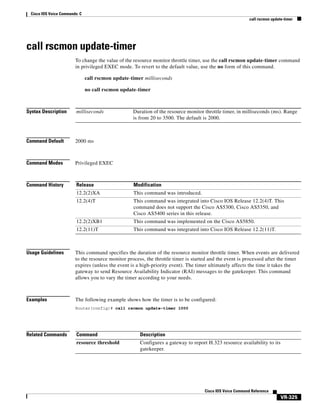 Cisco IOS Voice Commands: C
call rscmon update-timer

call rscmon update-timer
To change the value of the resource monitor throttle timer, use the call rscmon update-timer command
in privileged EXEC mode. To revert to the default value, use the no form of this command.
call rscmon update-timer milliseconds
no call rscmon update-timer

Syntax Description

milliseconds

Command Default

2000 ms

Command Modes

Privileged EXEC

Command History

Release

Modification

12.2(2)XA

This command was introduced.

12.2(4)T

This command was integrated into Cisco IOS Release 12.2(4)T. This
command does not support the Cisco AS5300, Cisco AS5350, and
Cisco AS5400 series in this release.

12.2(2)XB1

This command was implemented on the Cisco AS5850.

12.2(11)T

This command was integrated into Cisco IOS Release 12.2(11)T.

Duration of the resource monitor throttle timer, in milliseconds (ms). Range
is from 20 to 3500. The default is 2000.

Usage Guidelines

This command specifies the duration of the resource monitor throttle timer. When events are delivered
to the resource monitor process, the throttle timer is started and the event is processed after the timer
expires (unless the event is a high-priority event). The timer ultimately affects the time it takes the
gateway to send Resource Availability Indicator (RAI) messages to the gatekeeper. This command
allows you to vary the timer according to your needs.

Examples

The following example shows how the timer is to be configured:
Router(config)# call rscmon update-timer 1000

Related Commands

Command

Description

resource threshold

Configures a gateway to report H.323 resource availability to its
gatekeeper.

Cisco IOS Voice Command Reference

VR-325

 