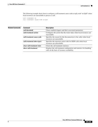 Cisco IOS Voice Commands: C
call treatment on

The following example shows how to configure a call treatment cause code to reply with “no-QoS” when
local resources are unavailable to process a call:
call treatment on
call treatment cause-code no-QoS

Related Commands

Command

Description

call threshold

Clears enabled triggers and their associated parameters.

call treatment action

Configures the action that the router takes when local resources are
unavailable.

call treatment cause-code

Specifies the reason for the disconnection to the caller when local
resources are unavailable.

call treatment isdn-reject

Specifies the rejection cause-code for ISDN calls when local
resources are unavailable.

clear call treatment stats

Clears the call treatment statistics.

show call treatment

Displays the call treatment configuration and statistics for handling
calls on the basis of resource availability.

Cisco IOS Voice Command Reference

VR-349

 