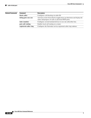 Cisco IOS Voice Commands: C
caller-id (dial peer)

Related Commands

Command

Description

block-caller

Configures call blocking on caller ID.

debug pots csm csm

Activates events from which an application can determine and display the
status and progress of calls to and from POTS ports.

isdn i-number

Configures several terminal devices to use one subscriber line.

pots call-waiting

Enables local call waiting on a router.

registered-caller ring

Configures the Nariwake service-registered caller ring cadence.

Cisco IOS Voice Command Reference

VR-348

 