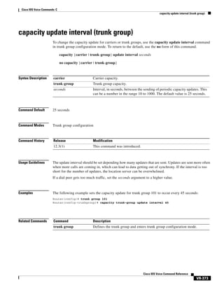 Cisco IOS Voice Commands: C
capacity update interval (trunk group)

capacity update interval (trunk group)
To change the capacity update for carriers or trunk groups, use the capacity update interval command
in trunk group configuration mode. To return to the default, use the no form of this command.
capacity {carrier | trunk-group} update interval seconds
no capacity {carrier | trunk-group}

Syntax Description

carrier

Carrier capacity.

trunk-group

Trunk group capacity.

seconds

Interval, in seconds, between the sending of periodic capacity updates. This
can be a number in the range 10 to 1000. The default value is 25 seconds.

Command Default

25 seconds

Command Modes

Trunk group configuration

Command History

Release

Modification

12.3(1)

This command was introduced.

Usage Guidelines

The update interval should be set depending how many updates that are sent. Updates are sent more often
when more calls are coming in, which can lead to data getting out of synchrony. If the interval is too
short for the number of updates, the location server can be overwhelmed.
If a dial peer gets too much traffic, set the seconds argument to a higher value.

Examples

The following example sets the capacity update for trunk group 101 to occur every 45 seconds:
Router(config)# trunk group 101
Router(config-trunkgroup)# capacity trunk-group update interval 45

Related Commands

Command

Description

trunk group

Defines the trunk group and enters trunk group configuration mode.

Cisco IOS Voice Command Reference

VR-373

 