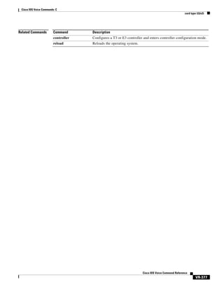 Cisco IOS Voice Commands: C
card type (t3/e3)

Related Commands

Command

Description

controller

Configures a T3 or E3 controller and enters controller configuration mode.

reload

Reloads the operating system.

Cisco IOS Voice Command Reference

VR-377

 
