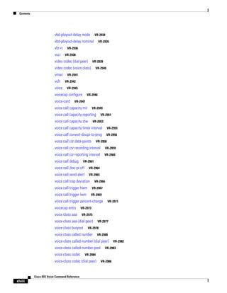 Contents

vbd-playout-delay mode

VR-2934

vbd-playout-delay nominal
vbr-rt
vcci

VR-2936
VR-2938

video codec (dial peer)

VR-2939

video codec (voice class)
vmwi
vofr
voice

VR-2935

VR-2940

VR-2941
VR-2942
VR-2945

voicecap configure
voice-card

VR-2946

VR-2947

voice call capacity mir

VR-2949

voice call capacity reporting
voice call capacity stw

VR-2951

VR-2953

voice call capacity timer interval

VR-2955

voice call convert-discpi-to-prog

VR-2956

voice call csr data-points

VR-2958

voice call csr recording interval

VR-2959

voice call csr reporting interval

VR-2960

voice call debug

VR-2961

voice call disc-pi-off

VR-2964

voice call send-alert

VR-2965

voice call trap deviation

VR-2966

voice call trigger hwm

VR-2967

voice call trigger lwm

VR-2969

voice call trigger percent-change
voicecap entry
voice class aaa

VR-2971

VR-2973
VR-2975

voice-class aaa (dial peer)
voice class busyout

VR-2977

VR-2978

voice class called number

VR-2980

voice-class called-number (dial peer)
voice-class called-number-pool
voice class codec

Cisco IOS Voice Command Reference

xlviii

VR-2983

VR-2984

voice-class codec (dial peer)

VR-2982

VR-2986

 