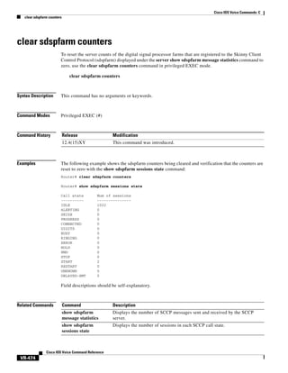Cisco IOS Voice Commands: C
clear sdspfarm counters

clear sdspfarm counters
To reset the server counts of the digital signal processor farms that are registered to the Skinny Client
Control Protocol (sdspfarm) displayed under the server show sdspfarm message statistics command to
zero, use the clear sdspfarm counters command in privileged EXEC mode.
clear sdspfarm counters

Syntax Description

This command has no arguments or keywords.

Command Modes

Privileged EXEC (#)

Command History

Release

Modification

12.4(15)XY

This command was introduced.

Examples

The following example shows the sdspfarm counters being cleared and verification that the counters are
reset to zero with the show sdspfarm sessions state command:
Router# clear sdspfarm counters
Router# show sdspfarm sessions state
Call state
---------IDLE
ALERTING
SEIZE
PROGRESS
CONNECTED
DIGITS
BUSY
RINGING
ERROR
HOLD
END
STOP
START
RESTART
UNKNOWN
DELAYED-SMT

Num of sessions
--------------1022
0
0
0
0
0
0
0
0
0
0
0
2
0
0
0

Field descriptions should be self-explanatory.

Related Commands

Command

Description

show sdspfarm
message statistics

Displays the number of SCCP messages sent and received by the SCCP
server.

show sdspfarm
sessions state

Displays the number of sessions in each SCCP call state.

Cisco IOS Voice Command Reference

VR-474

 
