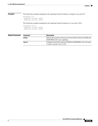 Cisco IOS Voice Commands: C
condition

Examples

The following example manipulates the signaling format bit pattern on digital voice port 0:5:
voice-port 0:5
condition tx-a-bit invert
condition rx-a-bit invert

The following example manipulates the signaling format bit pattern on voice port 1/0:0:
voice-port 1/0:0
condition tx-a-bit invert
condition rx-a-bit invert

Related Commands

Command

Description

define

Defines the transmit and receive bits for North American E&M and
E&M MELCAS voice signaling.

ignore

Configures the North American E&M or E&M MELCAS voice port
to ignore specific receive bits.

Cisco IOS Voice Command Reference

VR-539

 
