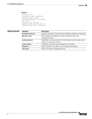 Cisco IOS Voice Commands: C
connection

Router B
voice-port 1/0/0
connection trunk +13085550180
dial-peer voice 20 pots
destination-pattern +15105550191
port 1/0/0
dial-peer voice 200 voip
session-target ipv4:172.19.10.10
destination-pattern +13085550180

Related Commands

Command

Description

destination-pattern

Specifies the prefix or the full E.164 telephone number for a dial peer.

dial peer voice

Enters dial peer configuration mode and specifies the voice
encapsulation type.

session-protocol

Establishes a session protocol for calls between the local and remote
routers via the packet network.

session-target

Configures a network-specific address for a dial peer.

shutdown

Takes a specific voice port or voice interface card offline.

voice-port

Enters voice-port configuration mode.

Cisco IOS Voice Command Reference

VR-553

 