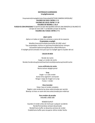 MATERIALES ILUMINADOS
                                   Vrayligthmaterials

          Vraymaterial/virayligth/color/intensidad/ACTIVAR CAMERA EXPOSURE/
                              VALORES DE FOCO: ENTRE 1 Y 3
                             VALORES DE CIELO: ENTRE 1 Y 10
                               VALORES DE NEONES: 1 AL 8
FUEGO ES CON OPACIDAD TE QUITA LO QUE NO QUIERES VER DE UNA IMAGEN (LO BLANCO ES
                  LO QUE SE VA A VER Y LO NEGRO LO QUE SE QUITA)
                            VALORES DEL FUEGO: ENTRE 1 Y 5


                                          VRAY LIGTH
                Aplicar en todas en todas las ventanas y vanos de los espacios
                                    Propiedades vrayligth
                    Modifer/intensiti/multipler/promedio 30-100/ color/
               Tips propiedades: Activar en opciones/invisible/activar siempre
                     storewithirradiancemap/desactivar affectreflections
        El skylight portal activado sirve para que la vrayligth agarre el poder del sol.

                                       CIELOS EN BOX

                                  Render de noche
                              Cargar un render de noche
          Render/rendersetup/preset/load dvd vivo3d/presetsvray/vivo3d noche

                                 Luces artificiales de noche
                                Nunca activar skyligth portal

                                             Vray
                                   Single = a 1 solo render
                              Active time segment= animación
                             Rango= rango de imagen en tu lap
                                       Franes = render

                                      Área torender
                              View= hace el render completo
                 Región= solo renderiza las áreas seleccionadas por sección
               Blowup: te hace un zoom del área seleccionada para rederizar

                                   Para renders de prueba
                                     649x480 o 800x 600

                                     RENDER OUPUT
                 Guardar el render antes de tirarlo por cualquier accidente
                         Renderfreinwindow siempre desactivado
                    Renderframe buffer se desactiva ventana de render
                  Enableframe buffer para recuperar ultimo render hecho
 