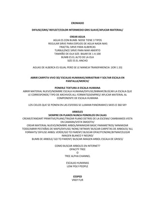 CROMADO

       DIFIUSE/GRIS/ REFLECT/COLOR INTERMEDIO GRIS SUAVE/APLICAR MATERIAL/

                                   CREAR AGUA
                      AGUA ES CON BUMB: NOISE TIENE 3 TIPOS
                   REGULAR SIRVE PARA ESPEJOS DE AGUA NADA MAS
                           FRACTAL SIRVE PARA ALBERCAS
                       TURBULENCE SIRVE PARA MAR ABIERTO
                       TAMAÑO DE OLA SIZE: BAJAR DE 1 A 100
                            BUMB ES EL ALTO DE LA OLA
                                 SIZE ES EL ANCHO

       AGUAS DE ALBERCA ES IGUAL PERO SE LE MANEJA TRANSPARENCIA (IOR 1.33)


      ABRIR CARPETA VIVO 3D/ ESCALAS HUMANAS/ARRASTRAR Y SOLTAR ESCALA EN
                                PANTALLA/MERCH/

                        PONERLE TEXTURA A ESCALA HUMANA
ABRIR MATERIAL NUEVO/NOMBRE ESCALA HUMANA/DIFIUSE/BIBMAP/BUSCAR LA ESCALA QUE
    LE CORRESPONDE/ TIPO DE ARCHIVOS ALL FORMATS(SIEMPRE)/ APLICAR MATERIAL AL
                         COMPONENTE DE ESCALA HUMANA

    LOS CIELOS QUE SE PONEN EN LAS ESFERAS SE LLAMAN PANORAMICS SKIES O 360 SKY

                                     ARBOLES
                    SIEMPRE EN PLANOS NUNCA PONERLOS EN CAJAS
CREAR/STANDART PRIMITIVE/PLANE/TRAZAR PLANO DETRÁS DE LA ESCENA/ CAMBIAMOS VISTA
                             EN CAMARA/VISTA SMOOTH/
   CREAR MATERIAL NUEVO/NOMBRE ARBOL/MINIMIZAR BASIC PARAMETROS/ MINIMIZAR
TODO/ABRIR PESTAÑAS DE MAPS/DIFIUSE/ NONE/ BITMAP/ BUSCAR CARPETAS DE ARBOLES/ ALL
  FORMATS/ DIFIUSE ARBOL VERDE/GO TO PARENT/ BUSCAR OPACITY/NONE/BITMAP/ELEGIR
                              IMAGEN BLANCO Y NEGRO/
       BUMB DE ARBOLE/ GO TO PARENT/ BUSCAR IMAGEN ARBOL ESCALA DE GRISES/

                        COMO BUSCAR ARBOLES EN INTERNET?
                                 OPACITY TREE
                                       O
                              TREE ALPHA CHANNEL

                                ESCALAS HUMANAS
                                 LOW POLY PEOPLE


                                      CESPED
                                     VRAY FUR
 
