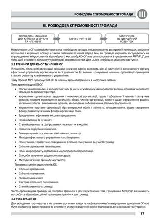 РОЗБУДОВА СПРОМОЖНОСТІ ГРОМАДИ III
17
III. РОЗБУДОВА СПРОМОЖНОСТІ ГРОМАДИ
Новостворена ОГ має пройти через ряд необхідних заходів, які допоможуть розкрити її потенціал, зміцнити
потенціал її керівного органу, а також потенціал її членів перед тим, як громада вирішить зосередитись на
впровадженні мікропроектів відповідного масштабу. КО-ОГ має співпрацювати з працівниками МРГ/РЦГ для
того, щоб отримати допомогу у розбудові спроможностей. Для цього необхідно здійснити наступне.
3.1 ТРЕНІНГИ ДЛЯ КО-ОГ ТА ЧЛЕНІВ ОГ
Успішність діяльності організації громади значною мірою залежить від: а) здатності її виконавчого органу
ефективно управляти організацією та її діяльністю, б) знання і розуміння членами організації принципів
сталого розвитку та ефективного управління.
Тому Проект МРГ пропонує КО-ОГ та членам громади тренінги з наступних питань:
Теми тренінгів для КО-ОГ:
•	 Організаціягромади–їїхарактеристикитамісцеусучасномузаконодавствіУкраїни,громадауконтексті
сільської та міської території.
•	 Управління організацією: завдання і можливості організації, права і обов’язки її членів і статутних
органів, правила проведення загальних зборів членів організації, вимоги щодо оформлення рішень
загальних зборів і виконавчих органів, законодавче забезпечення діяльності організації.
•	 Управління коштами організації: бухгалтерський облік і звітність, оподаткування, аудит, створення
фонду розвитку та інших фондів організації тощо.
•	 Врядування: ефективне місцеве врядування.
•	 Права людини та їх захист.
•	 Сталий розвиток та Цілі розвитку тисячоліття в Україні.
•	 Розвиток лідерських навичок.
•	 Ґендерна рівність у контексті місцевого розвитку.
•	 Meтоди ефективного управління та спілкування.
•	 Планування. Стратегічне планування. Спільне планування за участі громад.
•	 Спільне оцінювання і моніторинг.
•	 План мікропроекту, підготовка мікропроектної пропозиції.
•	 Способи залучення додаткових ресурсів.
•	 Методи зв’язків з громадськістю (PR).
Тематика тренінгів для членів ОГ:
•	 Спільне врядування.
•	 Спільне планування.
•	 Громадський аудит.
•	 Система спільного оцінювання.
•	 Сталий розвиток у громаді.
Часто організаціям громади не потрібні тренінги з усіх перелічених тем. Працівники МРГ/РЦГ визначають
потребу та відповідно до неї проводять тренінги для громад.
3.2 РЕЄСТРАЦІЯ ОГ
Для укладення партнерства з місцевими органами влади та національними/міжнародними донорами ОГ має
бути юридично зареєстрована та отримати статус юридичної особи відповідно до законодавства України.
 