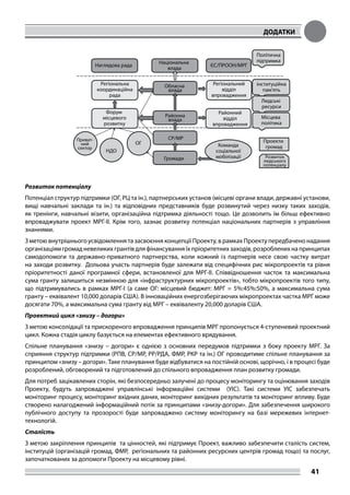 ДОДАТКИ
41
Наглядова рада
Регіональна
координаційна
рада
Форум
місцевого
розвитку
Районний
відділ
впровадження
Регіональний
відділ
впровадження
Політична
підтримка
Проекти
громад
Місцева
політика
Розвиток
людського
потенціалу
Приват-
ний
сектор
ОГ
Людські
ресурси
інституційна
пам’ять
ЄС/ПРООН/МРГ
Районна
влада
СР/МР
Громади
Обласна
влада
Національна
влада
НДО
Команда
соціальної
мобілізації
Розвиток потенціалу
Потенціал структур підтримки (ОГ, РЦ та ін.), партнерських установ (місцеві органи влади, державні установи,
вищі навчальні заклади та ін.) та відповідних представників буде розвинутий через низку таких заходів,
як тренінги, навчальні візити, організаційна підтримка діяльності тощо. Це дозволить їм більш ефективно
впроваджувати проект МРГ-ІІ. Крім того, зазнає розвитку потенціал національних партнерів з управління
знаннями.
З метою внутрішнього усвідомлення та засвоєння концепції Проекту, в рамках Проекту передбачено надання
організаціям громад невеликих грантів для фінансування їх пріоритетних заходів, розроблених на принципах
самодопомоги та державно-приватного партнерства, коли кожний із партнерів несе свою частку витрат
на заходи розвитку. Дольова участь партнерів буде залежати від специфічних рис мікропроектів та рівня
пріоритетності даної програмної сфери, встановленої для МРГ-ІІ. Співвідношення часток та максимальна
сума гранту залишиться незмінною для «інфраструктурних мікропроектів», тобто мікропроектів того типу,
що підтримувались в рамках МРГ-І (а саме ОГ: місцевий бюджет: МРГ = 5%:45%:50%, а максимальна сума
гранту – еквівалент 10,000 доларів США). В інноваційних енергозберігаючих мікропроектах частка МРГ може
досягати 70%, а максимальна сума гранту від МРГ – еквіваленту 20,000 доларів США.
Проектний цикл «знизу – догори»
З метою консолідації та прискореного впровадження принципів МРГ пропонується 4-ступеневий проектний
цикл. Кожна стадія циклу базується на елементах ефективного врядування.
Спільне планування «знизу – догори» є однією з основних передумов підтримки з боку проекту МРГ. За
сприяння структур підтримки (РПВ, СР/МР, РР/РДА, ФМР, РКР та ін.) ОГ проводитиме спільне планування за
принципом «знизу – догори». Таке планування буде відбуватися на постійній основі, щорічно, і в процесі буде
розроблений, обговорений та підготовлений до спільного впровадження план розвитку громади.
Для потреб зацікавлених сторін, які безпосередньо залучені до процесу моніторингу та оцінювання заходів
Проекту, будуть запроваджені управлінські інформаційні системи (УІС). Такі системи УІС забезпечать
моніторинг процесу, моніторинг вхідних даних, моніторинг вихідних результатів та моніторинг впливу. Буде
створено налагоджений інформаційний потік за принципами «знизу-догори». Для забезпечення широкого
публічного доступу та прозорості буде запроваджено систему моніторингу на базі мережевих інтернет-
технологій.
Сталість
З метою закріплення принципів та цінностей, які підтримує Проект, важливо забезпечити сталість систем,
інституцій (організацій громад, ФМР, регіональних та районних ресурсних центрів громад тощо) та послуг,
започаткованих за допомоги Проекту на місцевому рівні.
 
