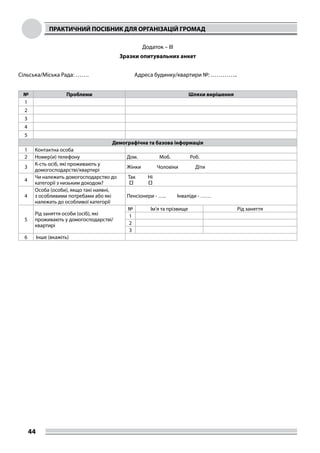 ПРАКТИЧНИЙ ПОСІБНИК ДЛЯ ОРГАНІЗАЦІЙ ГРОМАД
44
Додаток – ІII
Зразки опитувальних анкет
Сільська/Міська Рада: …….			 Адреса будинку/квартири №: …………..
	
№ Проблеми Шляхи вирішення
1
2
3
4
5
Демографічна та базова інформація
1 Контактна особа
2 Номер(и) телефону Дом. Моб. Роб.
3
К-сть осіб, які проживають у
домогосподарстві/квартирі
Жінки Чоловіки Діти
4
Чи належить домогосподарство до
категорії з низьким доходом?
Так Ні
□ □
4
Особа (особи), якщо такі наявні,
з особливими потребами або які
належать до особливої категорії
Пенсіонери - ….. Інваліди - ……
5
Рід заняття особи (осіб), які
проживають у домогосподарстві/
квартирі
№ Ім’я та прізвище Рід заняття
1
2
3
6 Інше (вкажіть)
 