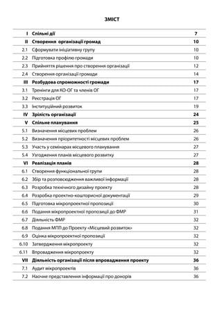 ЗМІСТ
I Спільні дії 7
II Створення організації громад 10
2.1 Сформувати ініціативну групу 10
2.2 Підготовка профілю громади 10
2.3 Прийняття рішення про створення організації 12
2.4 Створення організації громади 14
III Розбудова спроможності громади 17
3.1 Тренінги для КО-ОГ та членів ОГ 17
3.2 Реєстрація ОГ 17
3.3 Інституційний розвиток 19
IV Зрілість організації 24
V Спільне планування 25
5.1 Визначення місцевих проблем 26
5.2 Визначення пріоритетності місцевих проблем 26
5.3 Участь у семінарах місцевого планування 27
5.4 Узгодження планів місцевого розвитку 27
VI Реалізація планів 28
6.1 Створення функціональної групи 28
6.2 Збір та розповсюдження важливої інформації 28
6.3 Розробка технічного дизайну проекту 28
6.4 Розробка проектно-кошторисної документації 29
6.5 Підготовка мікропроектної пропозиції 30
6.6 Подання мікропроектної пропозиції до ФМР 31
6.7 Діяльність ФМР 32
6.8 Подання МПП до Проекту «Місцевий розвиток» 32
6.9 Оцінка мікропроектної пропозиції 32
6.10 Затвердження мікропроекту 32
6.11 Впровадження мікропроекту 32
VII Діяльність організації після впровадження проекту 36
7.1 Аудит мікропроектів 36
7.2 Наочне представлення інформації про донорів 36
 