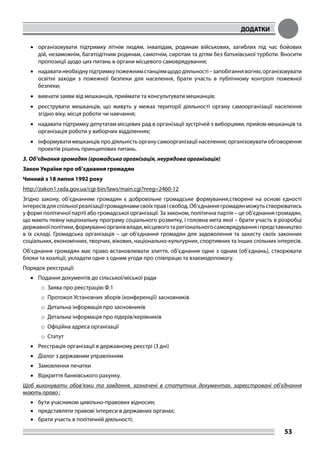 ДОДАТКИ
53
•	 організовувати підтримку літнім людям, інвалідам, родинам військових, загиблих під час бойових
дій, незаможнім, багатодітним родинам, самотнім, сиротам та дітям без батьківської турботи. Вносити
пропозиції щодо цих питань в органи місцевого самоврядування;
•	 надаватинеобхіднупідтримкупожежнимстанціямщододіяльності–запобіганнявогню,організовувати
освітні заходи з пожежної безпеки для населення, брати участь в публічному контролі пожежної
безпеки;
•	 вивчати заяви від мешканців, приймати та консультувати мешканців;
•	 реєструвати мешканців, що живуть у межах території діяльності органу самоорганізації населення
згідно віку, місця роботи чи навчання;
•	 надавати підтримку депутатам місцевих рад в організації зустрічей з виборцями, прийом мешканців та
організація роботи у виборчих відділеннях;
•	 інформувати мешканців про діяльність органу самоорганізації населення; організовувати обговорення
проектів рішень принципових питань.
3. Об’єднання громадян (громадська організація, неурядова організація)
Закон України про об’єднання громадян
Чинний з 18 липня 1992 року
http://zakon1.rada.gov.ua/cgi-bin/laws/main.cgi?nreg=2460-12
Згідно закону, об’єднанням громадян є добровільне громадське формування,створене на основі єдності
інтересівдляспільноїреалізаціїгромадянамисвоїхправісвобод.Об’єднаннягромадянможутьстворюватись
у формі політичної партії або громадської організації. За законом, політична партія – це об’єднання громадян,
що мають певну національну програму соціального розвитку, і головна мета якої – брати участь в розробці
державноїполітики,формуванніорганіввлади,місцевоготарегіональногосамоврядуванняіпредставництво
в їх складі. Громадська організація – це об’єднання громадян для задоволення та захисту своїх законних
соціальних, економічних, творчих, вікових, національно-культурних, спортивних та інших спільних інтересів.
Об’єднання громадян має право встановлювати злиття, об’єднання одне з одним (об’єднань), створювати
блоки та коаліції, укладати одне з одним угоди про співпрацю та взаємодопомогу.
Порядок реєстрації:
•	 Подання документів до сільської/міської ради
o	Заява про реєстрацію Ф.1
o	Протокол Установчих зборів (конференції) засновників
o	Детальна інформація про засновників
o	Детальна інформація про лідерів/керівників
o	Офіційна адреса організації
o	Статут
•	 Реєстрація організації в державному реєстрі (3 дні)
•	 Діалог з державним управлінням
•	 Замовлення печатки
•	 Відкриття банківського рахунку.
Щоб виконувати обов’язки та завдання, зазначені в статутних документах, зареєстровані об’єднання
мають право :
•	 бути учасником цивільно-правових відносин;
•	 представляти правові інтереси в державних органах;
•	 брати участь в політичній діяльності;
 