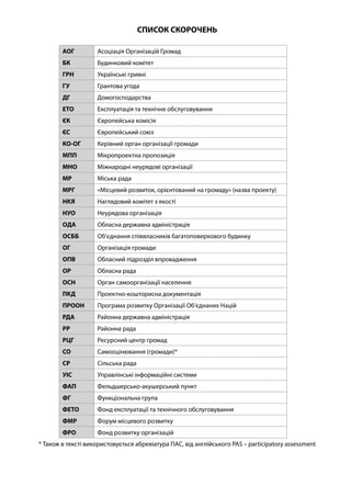 СПИСОК СКОРОЧЕНЬ
АОГ Асоціація Організацій Громад
БК Будинковий комітет
ГРН Українські гривні
ГУ Грантова угода
ДГ Домогосподарства
ЕТО Експлуатація та технічне обслуговування
ЄК Європейська комісія
ЄС Європейський союз
КО-ОГ Керівний орган організації громади
МПП Мікропроектна пропозиція
МНО Міжнародні неурядові організації
МР Міська рада
МРГ «Місцевий розвиток, орієнтований на громаду» (назва проекту)
НКЯ Наглядовий комітет з якості
НУO Неурядова організація
OДA Обласна державна адміністрація
ОCББ Об’єднання співвласників багатоповерхового будинку
ОГ Організація громади
ОПВ Обласний підрозділ впровадження
OР Обласна рада
ОСН Орган самоорганізації населення
ПКД Проектно-кошторисна документація
ПРООН Програма розвитку Організації Об’єднаних Націй
РДА Районна державна адміністрація
РР Районна рада
РЦГ Ресурсний центр громад
СО Cамооцінювання (громади)*
СР Сільська рада
УІС Управлінські інформаційні системи
ФАП Фельдшерсько-акушерський пункт
ФГ Функціональна група
ФЕТО Фонд експлуатації та технічного обслуговування
ФМР Форум місцевого розвитку
ФРО Фонд розвитку організацій
* Також в тексті використовується абревіатура ПАС, від англійського PAS – participatory assessment
 