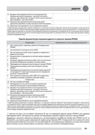 ДОДАТКИ
73
12.	 Документ про прийняття об’єкту в експлуатацію (Акт
приймальної комісії Замовника – для робіт поточного
ремонту, Декларація про готовність об'єкта до експлуатації
або Сертифікат – для інших робіт)
13.	 Матеріали фотодокументування виконаних робіт/
здійснених закупівель (в тому числі фото Пам’ятної дошки)
14.	 Додатково (інші документи, що не надавались раніше)
* Обов’язковими документами в даному «Переліку» є: а) протокол загальних зборів ОГ, який визначає порядок та суму внесків на
утримання об’єкту, перелік можливих робіт, відбір підрядника для виконання цих робіт, механізм звітування та ін.; б) протокол про
наміри щодо експлуатації та технічного обслуговування результатів мікропроекту, укладений між ОГ та власником об’єкту. Можна
також додати (комісійну) угоду між ОГ та безпосереднім виконавцем робіт по утриманню об’єкту та ОГ щодо переліку робіт, порядку
звітування підрядника тощо.
Перелік документів для отримання другого та третього траншів ПРООН
Розділи звіту Найменування та опис вкладених документів
1.	 Лист-заявка від ОГ з відміткою обласного Координатора
ПРООН
2.	 Звіт від Комітету нагляду за якістю (НКЯ)
3.	 Звіт про виконання умов Угоди за формою, наведеною в
Додатку D до Угоди
4.	 Документація по проведених за звітний період тендерах/
конкурсах
5.	 Договори підряду на виконання робіт та/чи на постачання
матеріалів/обладнання, укладені за звітний період
6.	 Підтвердження отримання коштів першого траншу ПРООН
7.	 Підтвердження використання коштів першого траншу
ПРООН
8.	 Підтвердження використання за звітний період коштів ОГ
та партнерів ОГ (мають бути використані всі передбачені
кошти ОГ та партнерів ОГ)
9.	 Акти прийняття виконаних робіт (АВР) чи/та здійснених
закупівель (накладні), отримані за звітний період
Розділи звіту Найменування та опис вкладених документів
10.	 Звіт про громадський аудит
11.	 Підтвердження того, що ОГ встановила задовільний
механізм експлуатації та обслуговування проекту *
12.	 Документ про прийняття об’єкту в експлуатацію (Акт
приймальної комісії Замовника – для робіт поточного
ремонту, Декларація про готовність об'єкта до експлуатації
або Сертифікат – для інших робіт)
13.	 Матеріали фотодокументування виконаних робіт/
здійснених закупівель (в тому числі фото Паспорту та
Пам’ятної дошки)
14.	 Додатково (інші документи, що не надавались раніше)
* Обов’язковими документами в даному «Переліку» є: а) протокол загальних зборів ОГ, який визначає порядок та суму внесків
на утримання об’єкту, перелік можливих робіт, дані про відбір підрядника для виконання цих робіт, механізм звітування та ін.; б)
протокол про наміри щодо експлуатації та технічного обслуговування результатів мікропроекту, укладений між ОГ та власником
об’єкту. Можна також додати (комісійну) угоду між ОГ та безпосереднім виконавцем робіт по утриманню об’єкту та ОГ щодо переліку
робіт, порядку звітування підрядника тощо.
 мається на увазі, що на момент звітування ОГ ще не отримувала другий транш ПРООН (і не надавала
відповідний запит), але виконані всі умови, які відповідають умовам надання третього траншу ПРООН
Примітка: в оригіналі подаються документи, що безпосередньо передбачені Угодою між ПРООН та ОГ, чи
документи, що мають пряме звернення до керівництва Проекту МРГ ІІ (наприклад, Лист-заявка ОГ, звіти
виконання умов Угоди ОГ, інші листи ОГ та партнерів ОГ). Інші документи подаються в копіях (копії мають
бути чіткими, на них також мають «читатись» підписи та печатки під документами).
 