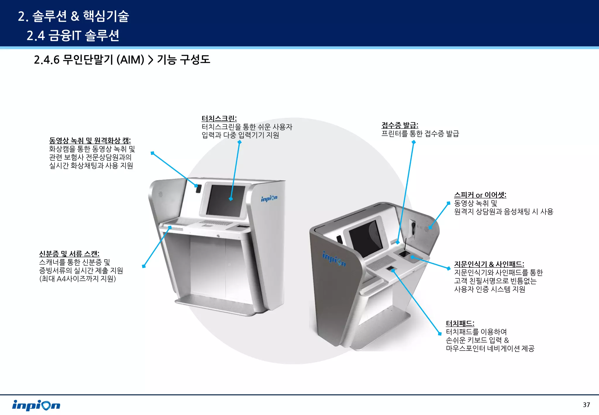 2. 솔루션 & 핵심기술
 2.4 금융IT 솔루션
 2.4.6 무인단말기 (AIM) > 기능 구성도




                         터치스크린:
                         터치스크린을 통한 쉬운 사용자   접수증 발급:
                         입력과 다중 입력기기 지원     프린터를 통한 접수증 발급
   동영상 녹취 및 원격화상 캠:
   화상캠을 통한 동영상 녹취 및
   관련 보험사 전문상담원과의
   실시간 화상채팅과 사용 지원



                                                         스피커 or 이어셋:
                                                         동영상 녹취 및
                                                         원격지 상담원과 음성채팅 시 사용




  신분증 및 서류 스캔:
  스캐너를 통한 신분증 및                                          지문인식기 & 사인패드:
  증빙서류의 실시간 제출 지원                                        지문인식기와 사인패드를 통한
  (최대 A4사이즈까지 지원)                                        고객 친필서명으로 빈틈없는
                                                         사용자 인증 시스템 지원



                                                       터치패드:
                                                       터치패드를 이용하여
                                                       손쉬운 키보드 입력 &
                                                       마우스포인터 네비게이션 제공




                                                                              37
 