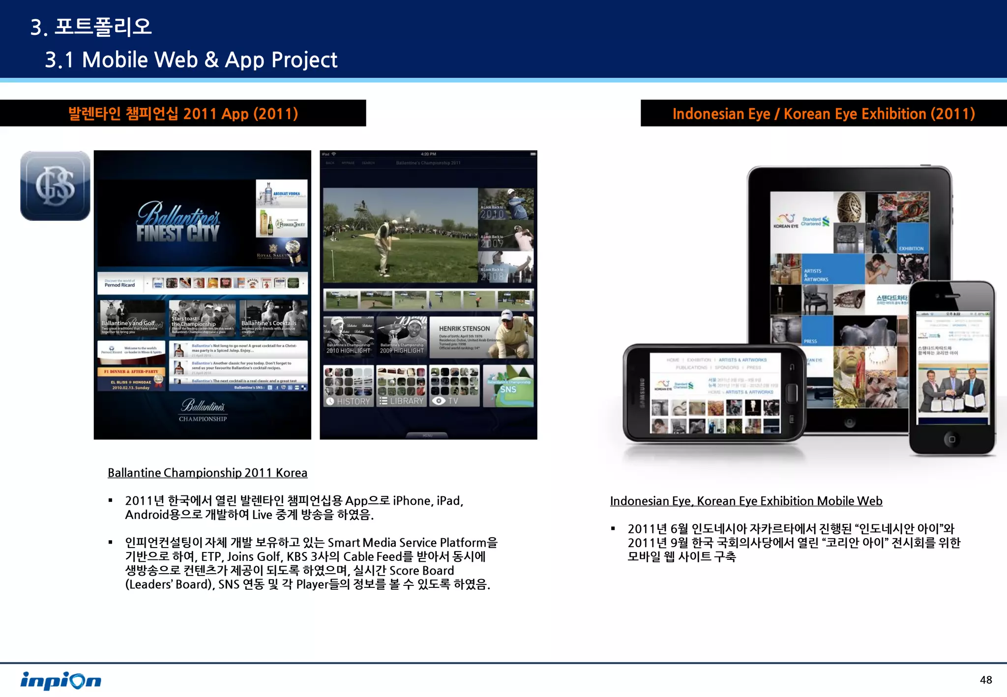 3. 포트폴리오
3.1 Mobile Web & App Project

  발렌타인 챔피언십 2011 App (2011)                                                   Indonesian Eye / Korean Eye Exhibition (2011)




      Ballantine Championship 2011 Korea

         2011년 한국에서 열린 발렌타인 챔피언십용 App으로 iPhone, iPad,             Indonesian Eye, Korean Eye Exhibition Mobile Web
          Android용으로 개발하여 Live 중계 방송을 하였음.
                                                                      2011년 6월 인도네시아 자카르타에서 진행된 “인도네시안 아이”와
         인피언컨설팅이 자체 개발 보유하고 있는 Smart Media Service Platform을          2011년 9월 한국 국회의사당에서 열린 “코리안 아이” 전시회를 위한
          기반으로 하여, ETP, Joins Golf, KBS 3사의 Cable Feed를 받아서 동시에        모바일 웹 사이트 구축
          생방송으로 컨텐츠가 제공이 되도록 하였으며, 실시간 Score Board
          (Leaders’ Board), SNS 연동 및 각 Player들의 정보를 볼 수 있도록 하였음.




                                                                                                                              48
 