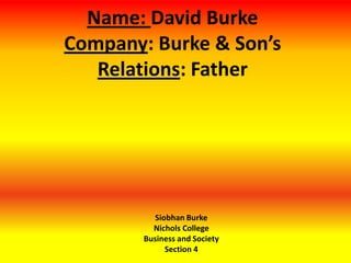 Name: David Burke
Company: Burke & Son’s
   Relations: Father




           Siobhan Burke
          Nichols College
        Business and Society
              Section 4
 