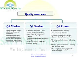Visit us : www.savyinfoline.com  E-mail : info@savyinfoline.com Quality Assurance QA Mission Our QA mission is to reach at the level of customer’s expectations. We achieve this goal by performing all activities to the best of our capabilities and by being responsive to our customer’s requirement. Testing of Web-based, Client-Server, Desktop applications   UI, Functionality, Regression Testing   Integration, System and Acceptance Testing Performance and Load Testing Security Testing QA Services Understanding and reviewing requirement specifications   Creating Software Test Plan and Software Quality Assurance Plan. Creating detailed test cases   & Creating test data  Setting up test environment   & Creating and deploying builds  Executing tests , Managing defects & Analyzing results  QA Process 