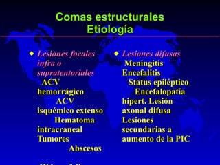 Comas estructurales Etiología Lesiones focales infra o supratentoriales   ACV hemorrágico  ACV isquémico extenso  Hematoma intracraneal  Tumores  Abscesos  Hidrocefalia  Lesiones difusas   Meningitis  Encefalitis  Status epiléptico  Encefalopatía hipert. Lesión axonal difusa Lesiones secundarias a aumento de la PIC 
