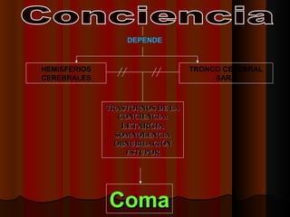 DEPENDE TRASTORNOS DE LA CONCIENCIA: LETARGIA SOMNOLENCIA OBNUBILACIÓN ESTUPOR HEMISFERIOS CEREBRALES TRONCO CEREBRAL SARA Coma Conciencia 