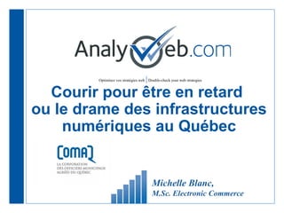 Optimisez vos stratégies web |Double-check your web strategies
Courir pour être en retard
ou le drame des infrastructures
numériques au Québec
Michelle Blanc,
M.Sc. Electronic Commerce
 