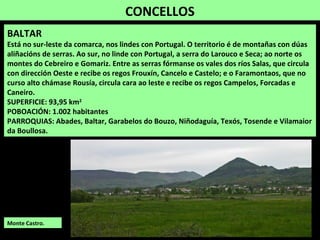 CONCELLOS
BALTAR
Está no sur-leste da comarca, nos lindes con Portugal. O territorio é de montañas con dúas
aliñacións de serras. Ao sur, no linde con Portugal, a serra do Larouco e Seca; ao norte os
montes do Cebreiro e Gomariz. Entre as serras fórmanse os vales dos ríos Salas, que circula
con dirección Oeste e recibe os regos Frouxín, Cancelo e Castelo; e o Faramontaos, que no
curso alto chámase Rousía, circula cara ao leste e recibe os regos Campelos, Forcadas e
Caneiro.
SUPERFICIE: 93,95 km2
POBOACIÓN: 1.002 habitantes
PARROQUIAS: Abades, Baltar, Garabelos do Bouzo, Niñodaguía, Texós, Tosende e Vilamaior
da Boullosa.
Monte Castro.
 